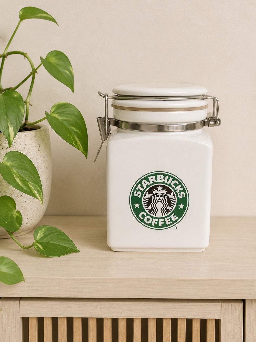 Starbucks Coffee Canister Mermaid White Metal Latch Square 8"‎ Vintage Storage